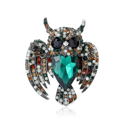 Vintage Alloy Owl Brooch With Heart Shaped Rhinestone Antique Silver Animal Pin Jewelry For Women Clothing Accessories Gift