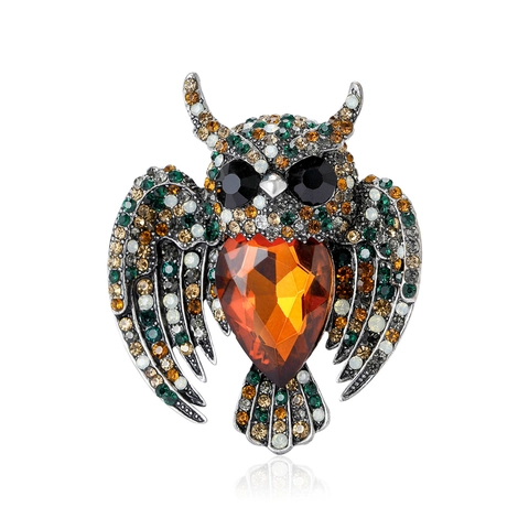 Vintage Alloy Owl Brooch With Heart Shaped Rhinestone Antique Silver Animal Pin Jewelry For Women Clothing Accessories Gift