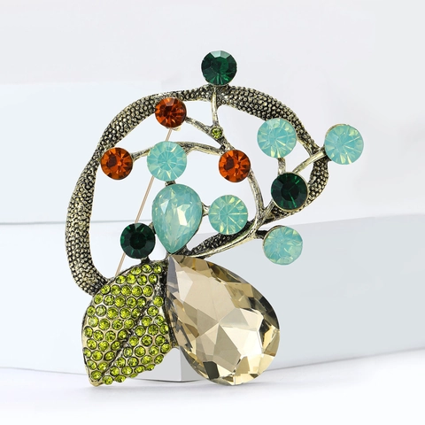 Vintage Alloy Tree Branch Brooch For Women Luxurious Multi-Color Crystal Glass Rhinestone Floral Inlaid Brooches Pin Jewelry Gift