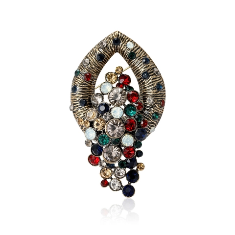 Vintage Alloy Multi Color Rhinestone Brooch Pin For Women Baroque Hollow Teardrop Design Antique Gold Finish Fashion Jewelry