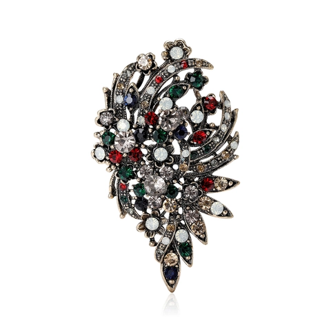 Broche de Flor de Aleación con Diamantes de Imitación de Lujo Vintage para Mujer Color Oro Antiguo Broches de Plantas de Cristal Multicolor Pin de Accesorios de Moda