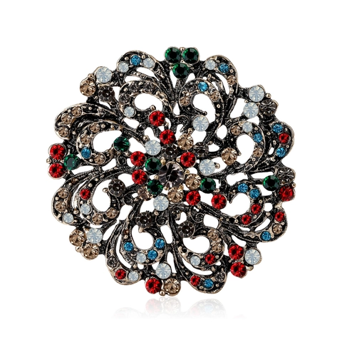 Vintage Alloy Hollow Flower Brooch With Colorful Rhinestone Inlaid Retro Round Corsage Jewelry Accessories For Women
