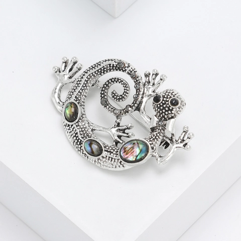 Broche Gecko de Aleación Vintage Con Concha de Abulón Strass Incrustado Retro Plata Lagarto Pin para Mujer Joyería de Animales Regalo