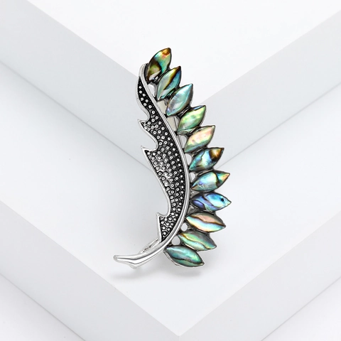 Vintage Alloy Abalone Shell Leaf Brooch Pin For Women Silver Plated Feather Suit Lapel Pin Fashion Jewelry Accessory Gift