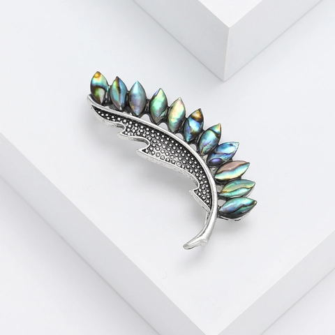 Broche de Concha de Abulón con Forma de Pluma Vintage para Mujer Alfiler de Aleación Retro Incrustado Accesorio de Ropa Joyería