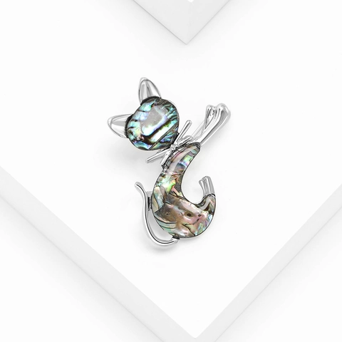 Spilla in Lega Vintage con Gatto e Conchiglia di Abulone per Donna Distintivo a Forma di Animale con Strass Intarsiati Accessori Gioielli