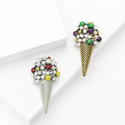 Broche Creativo con Forma de Cono de Helado Aleación Perla Artificial Diamantes de Imitación Pin de Solapa Colorido Joyería Linda para Ropa