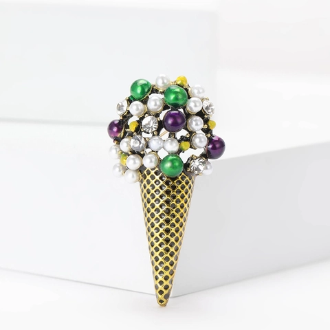 Broche Creativo con Forma de Cono de Helado Aleación Perla Artificial Diamantes de Imitación Pin de Solapa Colorido Joyería Linda para Ropa