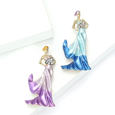 Vintage Elegant Lady Figure Brooch With Folding Fan Alloy Enamel Rhinestone Brooch Pin For Women Party Dress Jewelry
