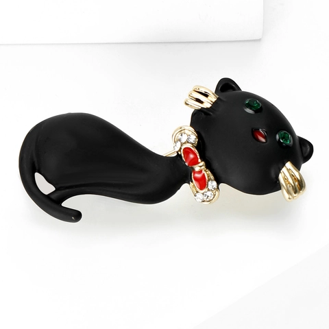 Broche de Gato Negro de Dibujos Animados de Aleación de Esmalte Con Lazo de Strass para Mujeres Hombres Lindo Animal Joyería