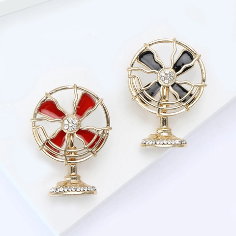 Vintage Alloy Electric Fan Shaped Brooch With Enamel And Rhinestones Retro Fashion Lapel Pin Jewelry For Women Gift
