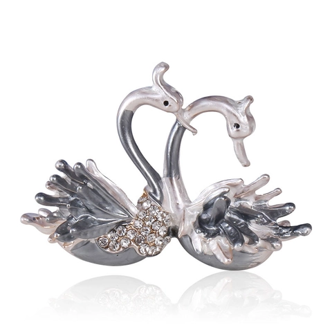 Elegante Spilla Doppio Cigno in Lega Grigio Bianco Smalto Intarsiato con Strass Pin Animale per Gioielli da Donna Regalo