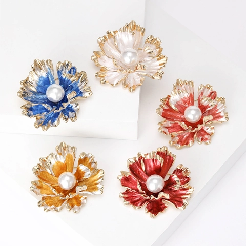 Elegant Peony Flower Brooch With Imitation Pearl Enamel Alloy Pin For Women Cheongsam Banquet Dress Accessory