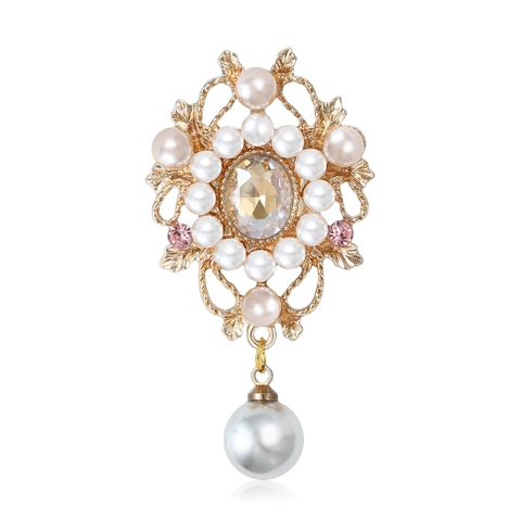 Vintage Elegant Alloy Flower Brooch With Artificial Pearl Rhinestone Inlay Gold Tone Floral Corsage For Women Fashion Wedding Party Jewelry