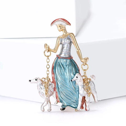 Vintage Elegante Dame Führt Hunde Aus Emaille Brosche Legierung Cartoon Figur Zubehör Mode Schmuck Für Damen Geschenk