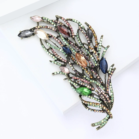 Spilla a Forma di Piuma in Lega Vintage con Strass Multicolore per Donna Elegante Design a Foglia per Abbigliamento Gioielli