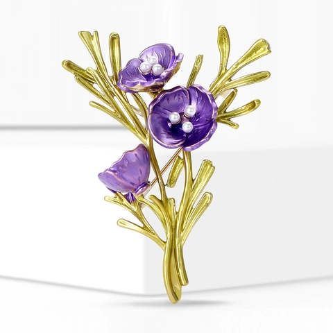 Broche de Aleación Vintage de Flor de Esmalte Púrpura Con Perlas Artificiales Diseño de Rama de Planta Accesorio de Joyería Mujer