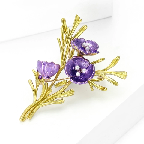 Vintage Handgefertigte Zweig Emaille Blume Brosche Für Damen Lila Legierung Floral Pins Mit Künstlichen Perlen Schmuck Geschenk