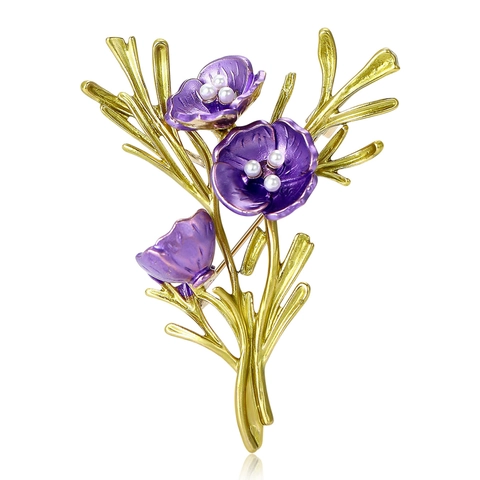 Vintage Handgefertigte Zweig Emaille Blume Brosche Für Damen Lila Legierung Floral Pins Mit Künstlichen Perlen Schmuck Geschenk