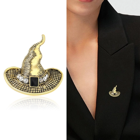 Spilla Vintage in Lega a Forma di Cappello da Strega per Donna Spilla Gothic Halloween Party con Strass e Pietra Nera Gioielli