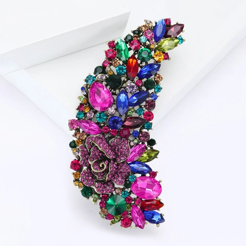 Vintage Luxus Mehrfarbige Kristall Blume Brosche Für Damen Große Legierung Glas Strass Korsage Pin Hochzeit Schmuck