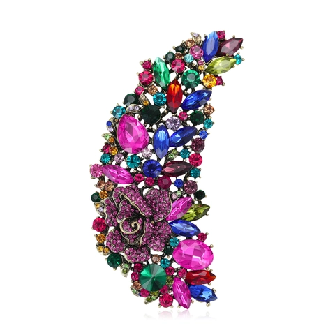 Vintage Luxus Mehrfarbige Kristall Blume Brosche Für Damen Große Legierung Glas Strass Korsage Pin Hochzeit Schmuck