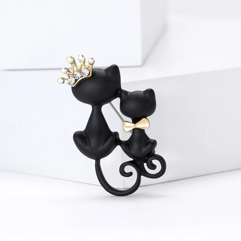 Mode Legierung Matt Schwarz Zwei Katzen Brosche Für Damen Gold Krone Schleife Strass Tier Reversnadel Minimalistischer Schmuck Geschenk