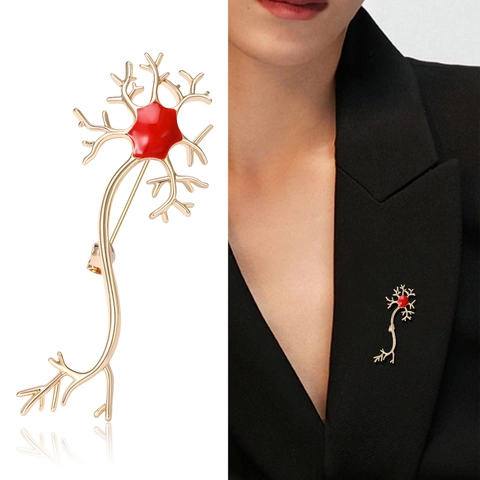 Spilla Creativa a Forma di Cellula Neuronale Gioielli di Anatomia Medica per Donna Lega d'Oro Smalto Rosso Regalo di Biologia
