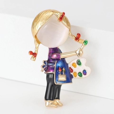 Cute Cartoon Painter Girl Brooch Alloy Enamel Drip Oil With Heart Palette And Paint Brush Artistic Pin For Women Fashion Jewelry