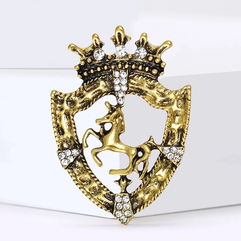 Vintage Alloy Rhinestone Crown Shield Brooch Antique Gold Silver Unicorn Animal Lapel Pin For Men Women Fashion Jewelry