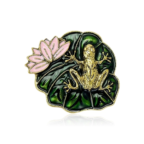 Spilla a Forma di Rana con Foglia di Loto in Lega Vintage Smalto Rosa Fiore Pin Moda Vestiti Decorazione Accessori Per Donna Uomo