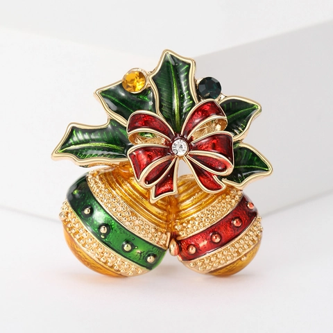 Christmas Bell Brooch Pin Alloy Enamel Holly Leaf Rhinestone Bow Fashion Festive Jewelry For Women Men Holiday Ornament