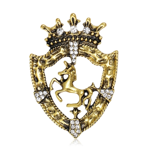 Vintage Europese Stijl Kroon Schild Paard Broche Strass Badge Legering Retro Pak Reversspeld Sieraden Voor Mannen Vrouwen