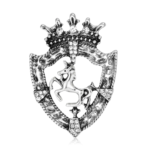Vintage Europese Stijl Kroon Schild Paard Broche Strass Badge Legering Retro Pak Reversspeld Sieraden Voor Mannen Vrouwen