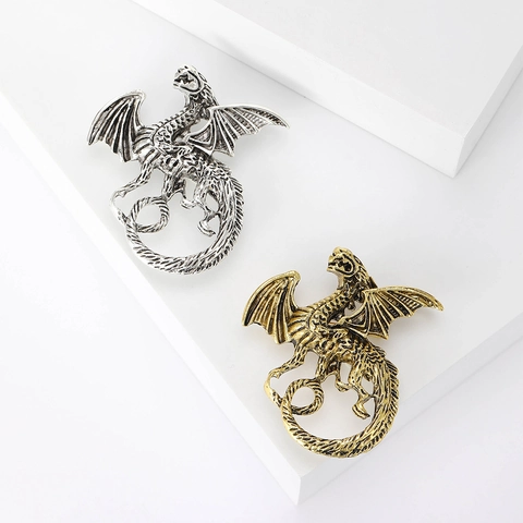 Vintage Alloy Western Dragon Brooch For Men Suit Lapel Pin Mythical Animal Rhinestone Inlaid Accessory Gold Silver Retro Jewelry