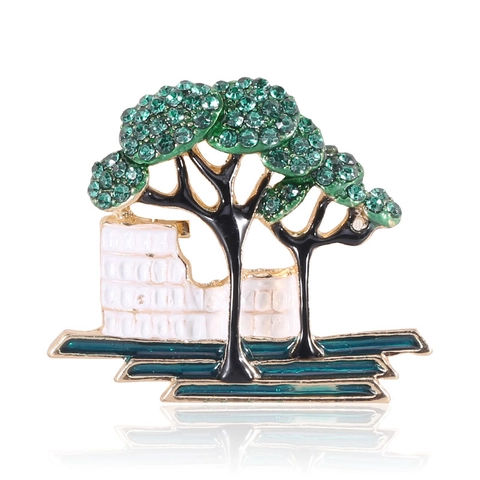 Vintage Legierung Grüner Baum Emaille Brosche Für Damen Kreatives Architektur Design Strass Eingelegt Kleidung Pin