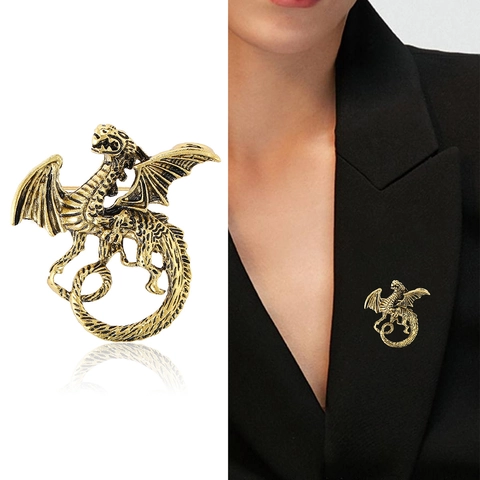 Vintage Alloy Western Dragon Brooch For Men Suit Lapel Pin Mythical Animal Rhinestone Inlaid Accessory Gold Silver Retro Jewelry