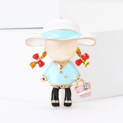 Spilla a Forma di Bambina in Lega Smaltata Cartone Animato Pin con Decorazione in Strass Gioielli Colorati per Donna