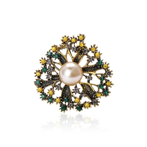 Vintage Alloy Artificial Pearl Flower Brooch Rhinestone Elegant Floral Lapel Pin Jewelry Fashion Accessories For Women