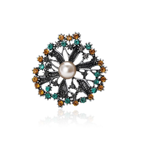 Vintage Alloy Artificial Pearl Flower Brooch Rhinestone Elegant Floral Lapel Pin Jewelry Fashion Accessories For Women