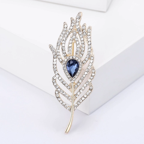Elegante Spilla a Forma di Piuma in Lega Con Strass e Pietra Artificiale Blu Gioielli di Moda per Donna Accessori Matrimonio Banchetto