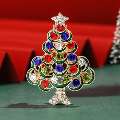 Elegant Alloy Multi-color Rhinestone Christmas Tree Brooch Pin For Women Festive Enamel Holiday Party Jewelry Decoration