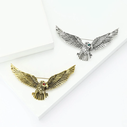 Vintage Alloy Eagle Brooch For Men Antique Gold Silver Plated Rhinestone Animal Pin Suits Accessories Fashion Jewelry Gift