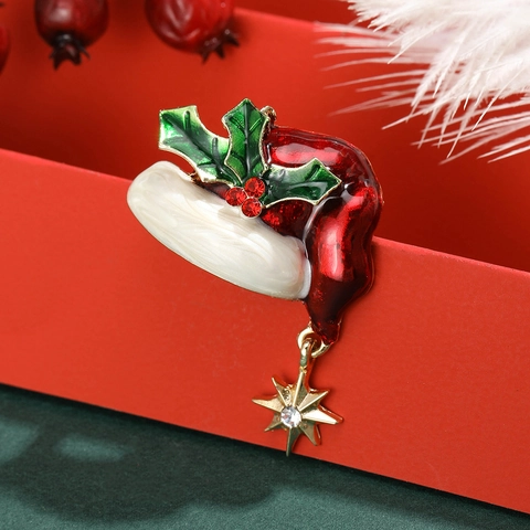 Spilla a Forma di Cappello di Natale in Lega di Smalto Con Ciondolo a Stella Oro Strass Spilla per Donna Uomo Regalo