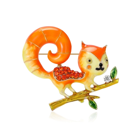 Fashion Cute Squirrel Brooch For Women Enamel Rhinestone Inlaid Animal Shape Gold Tone Alloy Branch Pin Jewelry Gift