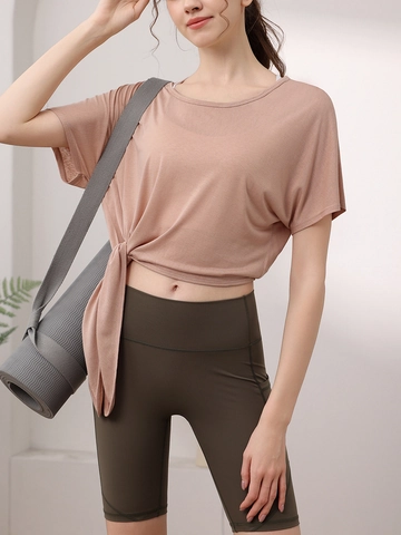 Women Loose Yoga Short Sleeve T-Shirt Side Tie-up V-Neck Fitness Pilates Training Breathable Quick Dry Sport Cover Up Top