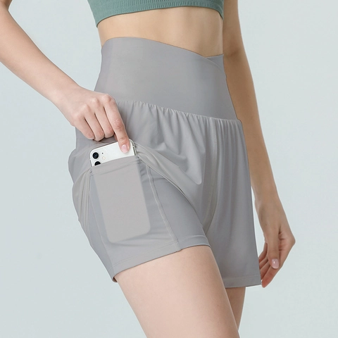 Women High Waist Cross Waistband Yoga Shorts Double Layer Active Running Workout Fitness Gym Shorts Pockets Sport Bottoms