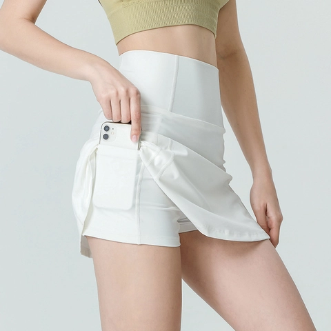 Damen Hohe Taille Sport Hosenrock Mit Handytasche Atmungsaktiv Anti-Exposure Tennis Laufen Yoga Fitness Athletik Minirock