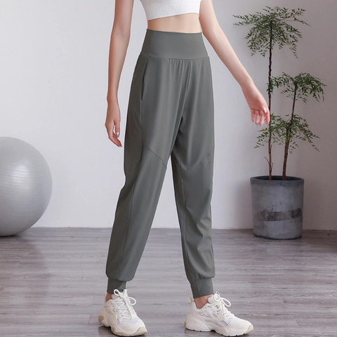 Women High Waist Nylon Cuffed Yoga Sweatpants Slimming Solid Color Athletic Joggers For Gym Fitness Running Sports Pants