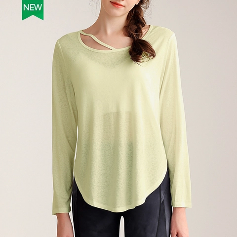 Camiseta de Yoga de Manga Larga con Escote Calado para Mujer Transpirable Capa de Fitness Top Deportivo Correr Entrenamiento Viscosa Secado Rápido